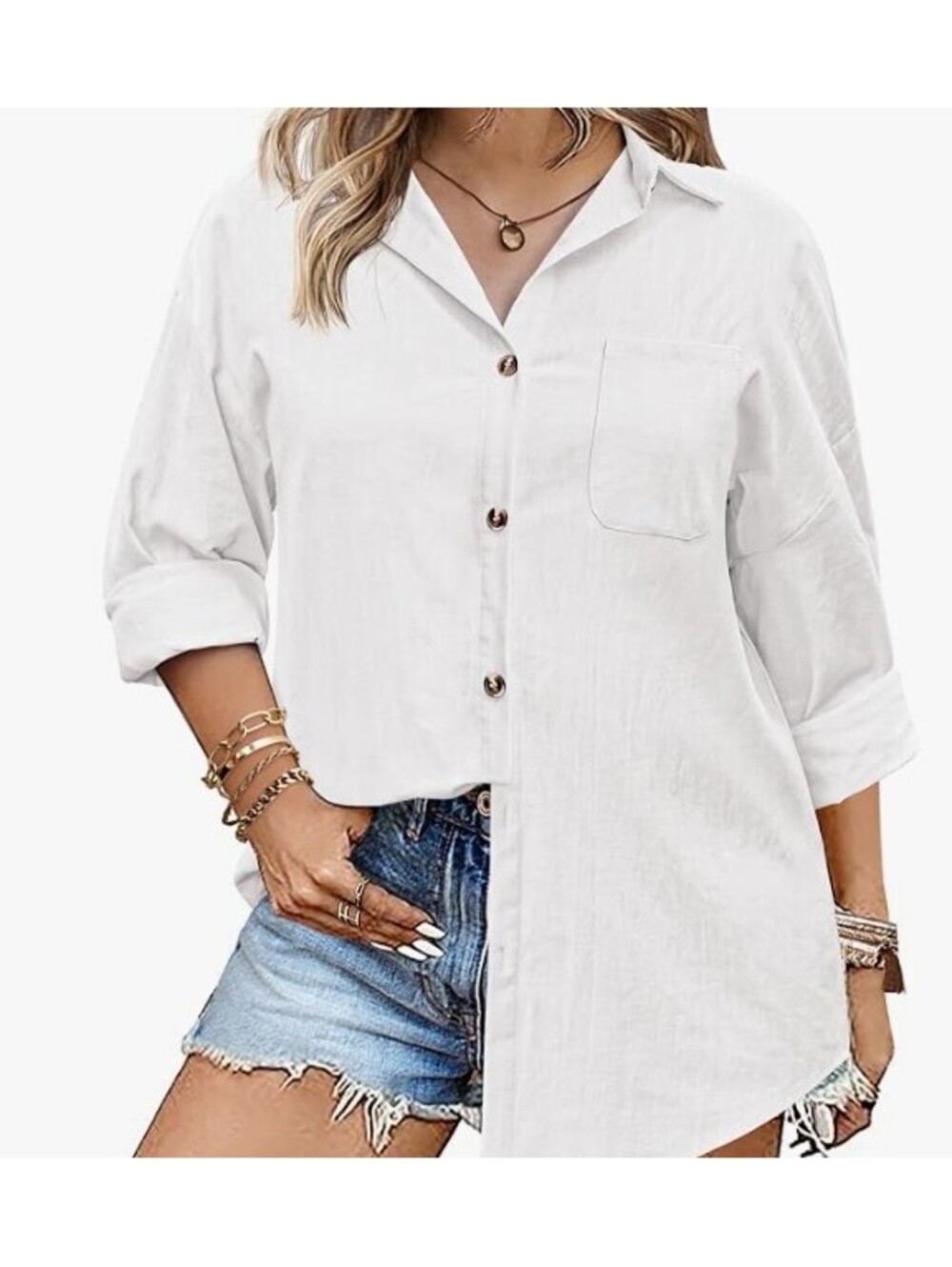 IN'VOLAND Women's White Plus Size Linen Button-Down Shirt, White, Size 18W